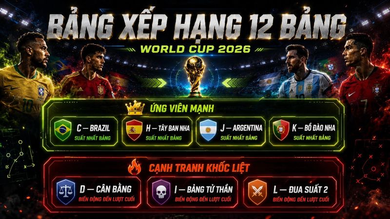 Bảng xếp hạng 12 bảng đấu World Cup 2026